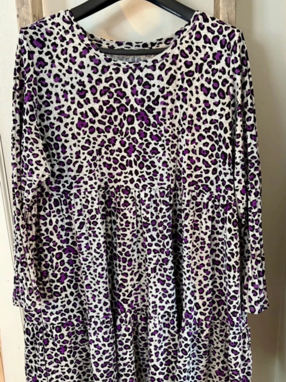 loralette Purple Leopard Tiered Long-Sleeve Dress